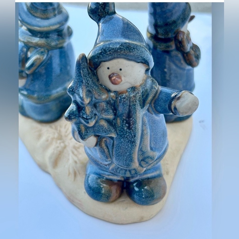 Vintage Christmas Decor Accents Blue Stoneware Snowman Candle Holder Festive Art - Picture 6 of 15